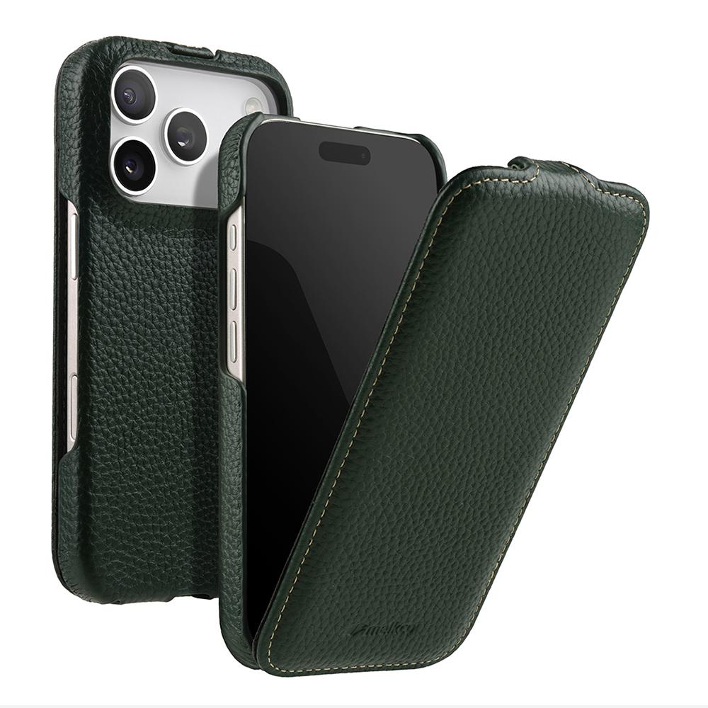 MELKCO For iPhone 17 Pro Case Compatible with MagSafe Vertical Flip Genuine Cow Leather+PC Phone Cover