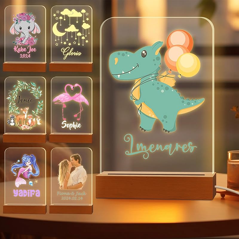 Персонализированный ночник для детей, выгравированное имя, акриловые светодиодные лампы с деревянной основой для детской спальни, декоративный ночник, индивидуальный день рождения