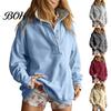 Lady Sweatshirt Women Oversized with Snap Button, Fall Winter Half Button Stand Loose Collar Pullover Top, Casual Solid Color Long Sleeves Top Soft