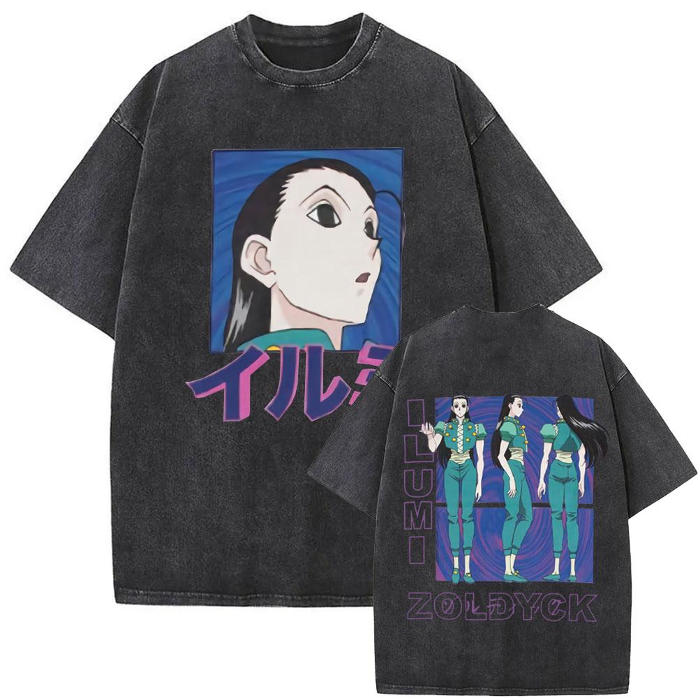Графическая футболка Killua Zoldyck Hunter X Hunter Харадзюку Выстиранные футболки Мужские Женские Хлопковые Повседневные Оверсайз Футболки с Коротким Рукавом