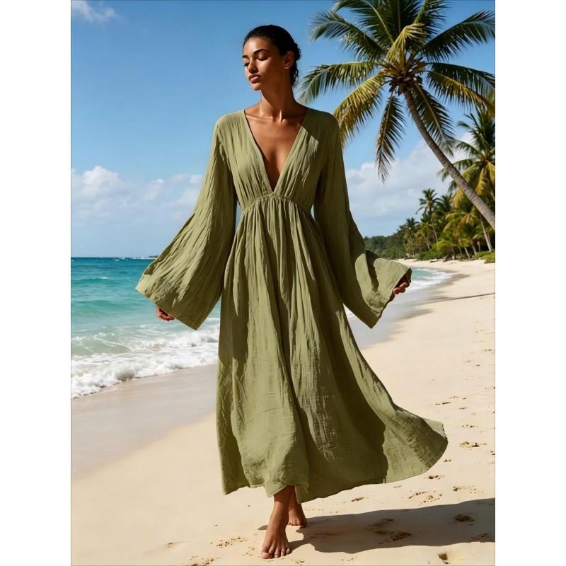 2026 Fall Winter Womens Loose V-Neck Long Sleeve Maxi Dress Vacation Style Solid Color Flowy Swing