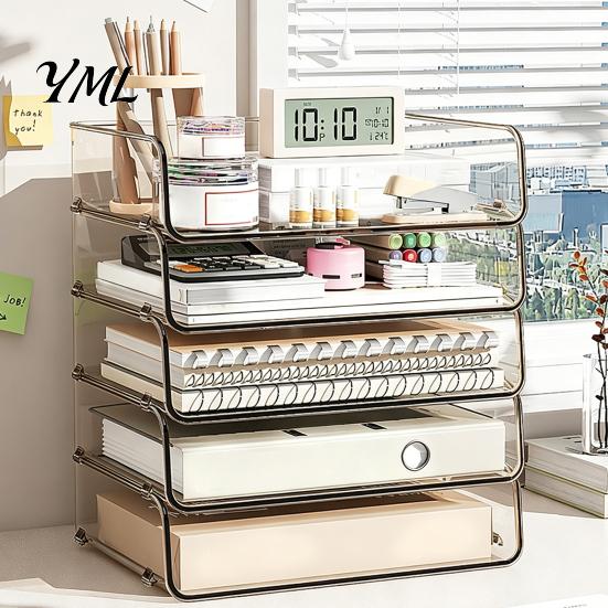 Stationery Storage Tray Clear Acrylic File Organizer Tray, 1/2/3/4/5 Tier Paper Ducument Document Holder Box, Stackable Office Supplies Desk Rack Box