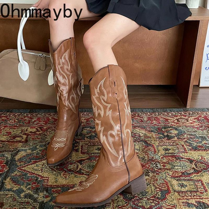 Мода Винтаж V-образный вырез женские сапоги до колена в стиле вестерн модные остроносые туфли осень-зима толстый каблук дамы рыцарь длинные сапоги