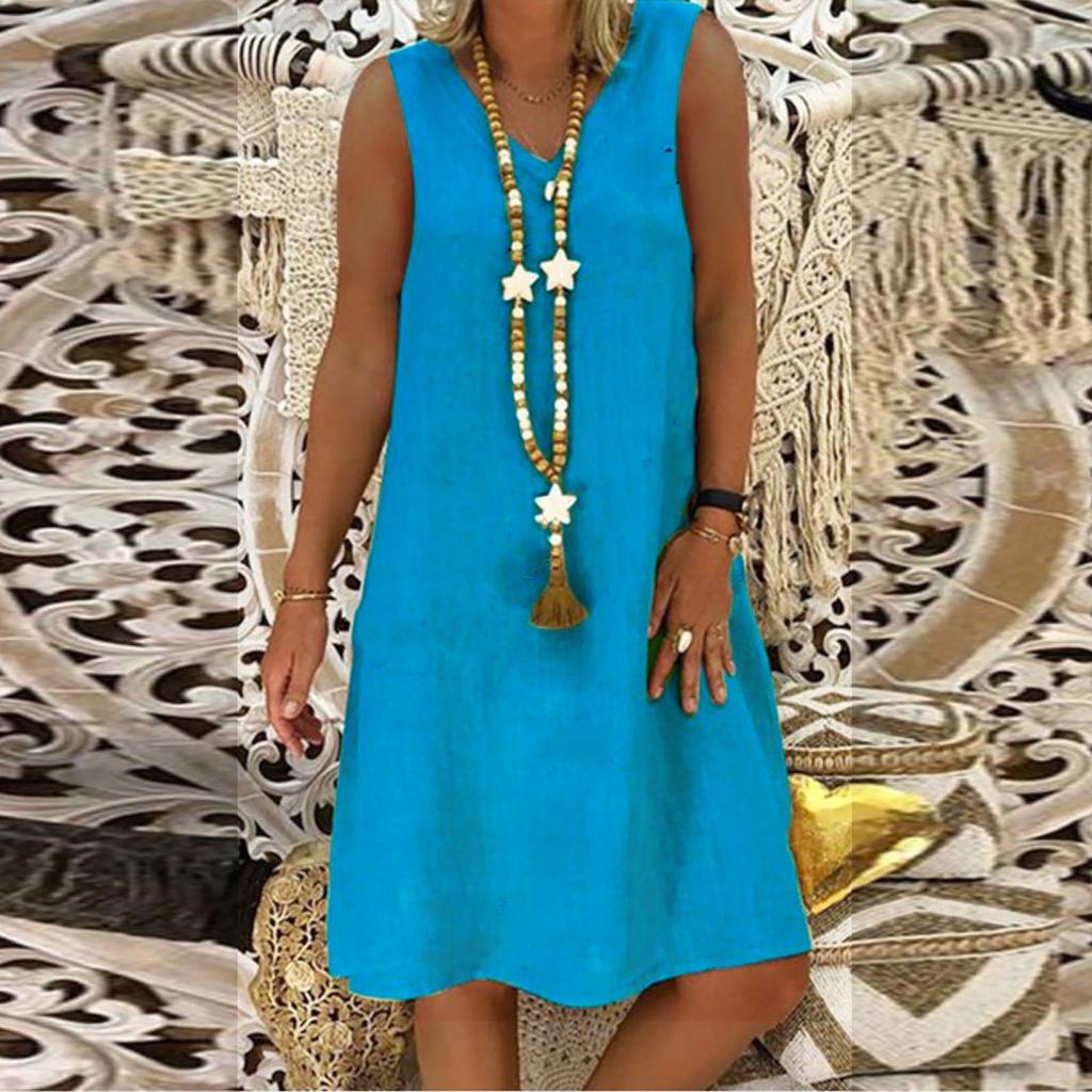 Женское летнее повседневное однотонное свободное платье без рукавов с v-образным вырезом