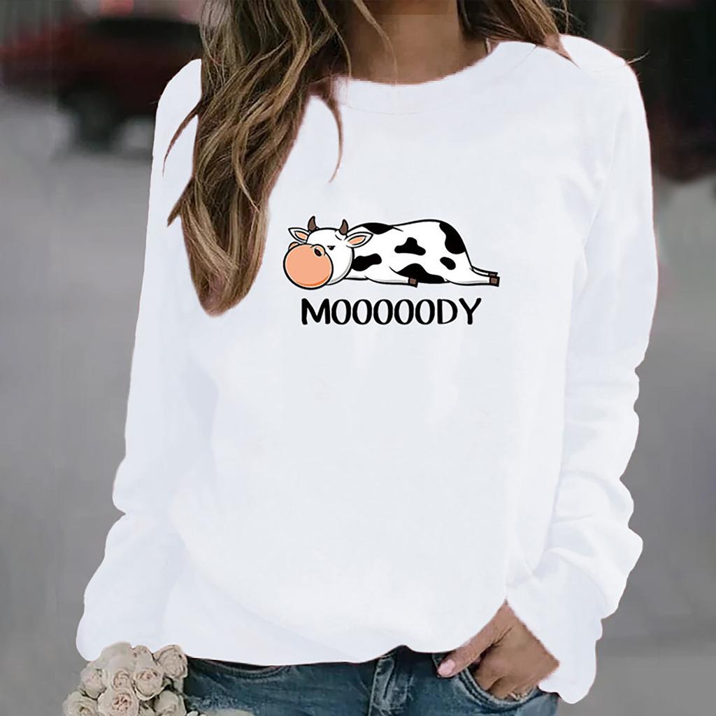 Женский модный свободный свитер с круглым вырезом и длинными рукавами с принтом коровы, топ