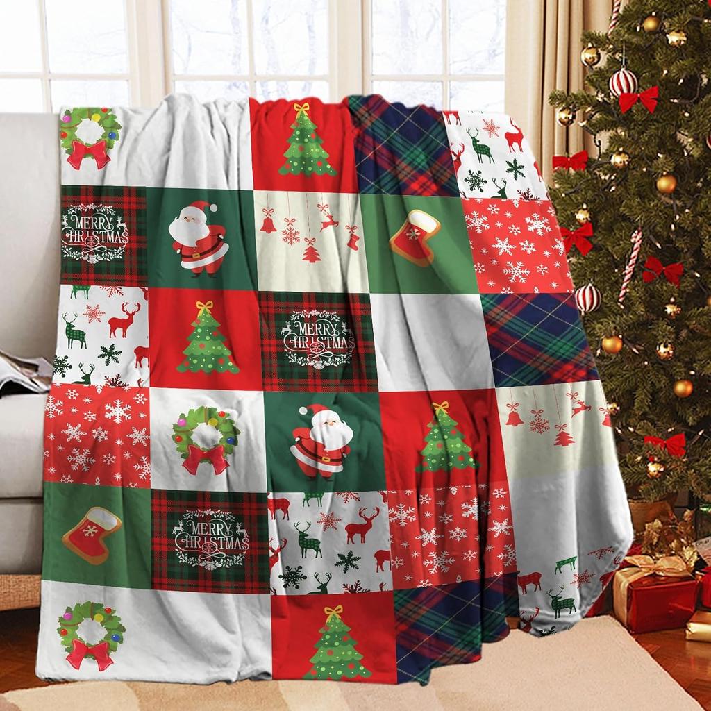 Christmas Patchwork Flannel Throw Blanket Santa Tree Reindeer Plaid Print Soft Warm Blanket for Xmas Holiday Sofa Home Decor