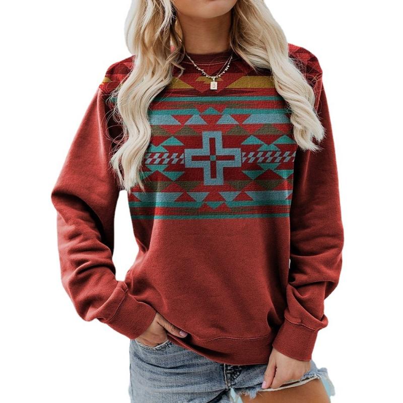 Women's Autumn Winter Crewneck Sweatshirt, Western Ethnic Bull Skull Print Long Sleeve Casual Pullover Tops
