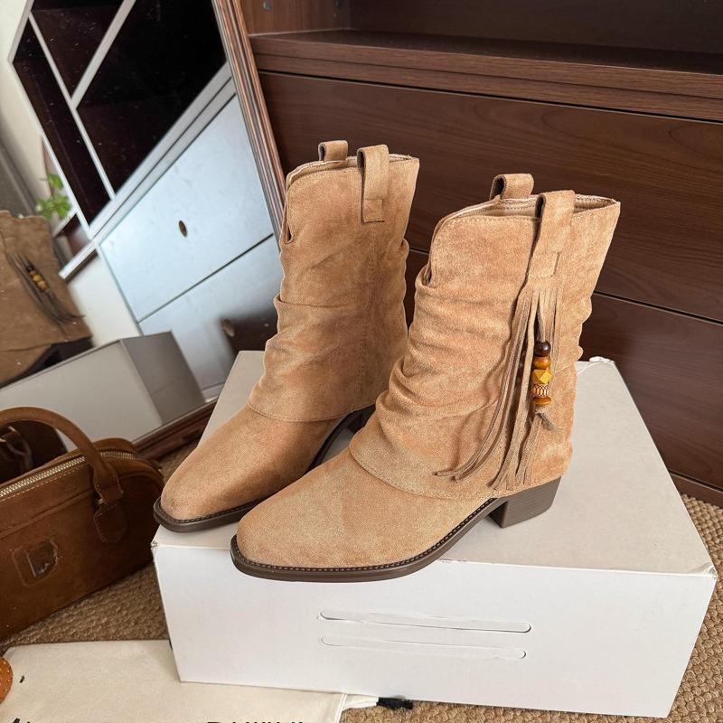 Fashion Pleated Stack Vintage Women's Booties 2025 Fall New Tassel Beaded Mid-Leg Boots