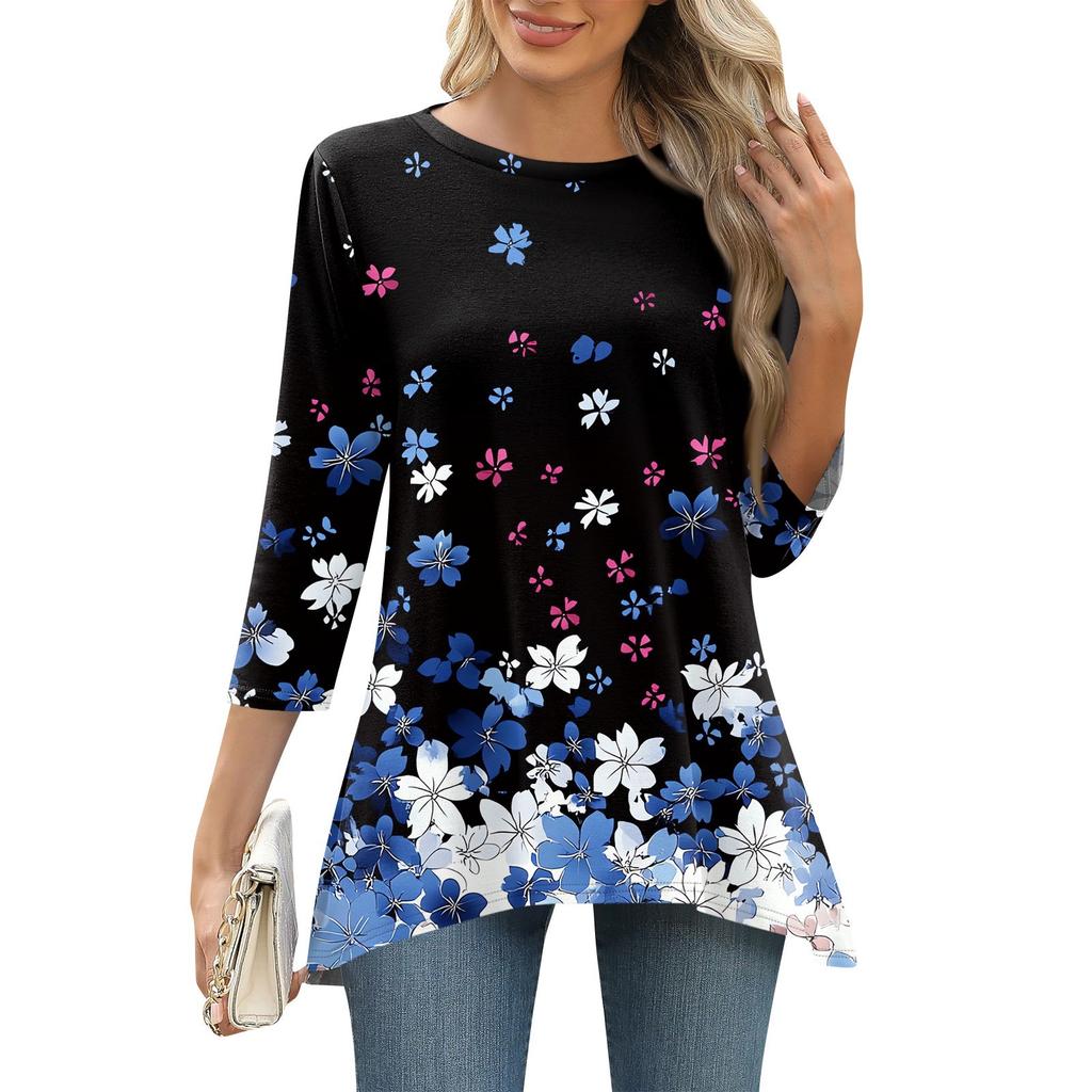 3/4 рукав туника топы для женщин принтованный повседневный выходной свободный крой модная базовая футболка с круглым вырезом