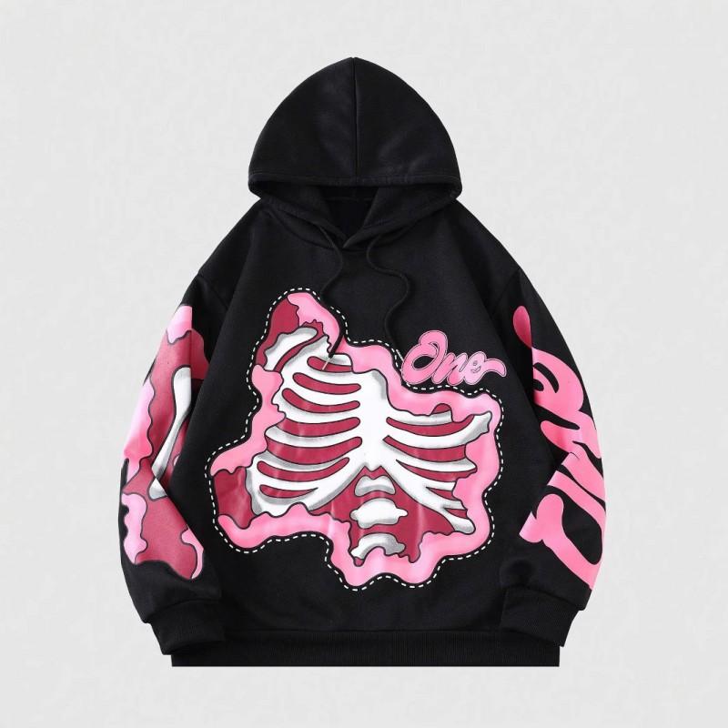 Unisex Oversized Hooded Sweatshirt With 3D Skull Print Streetwear Style Black Casual Pullover