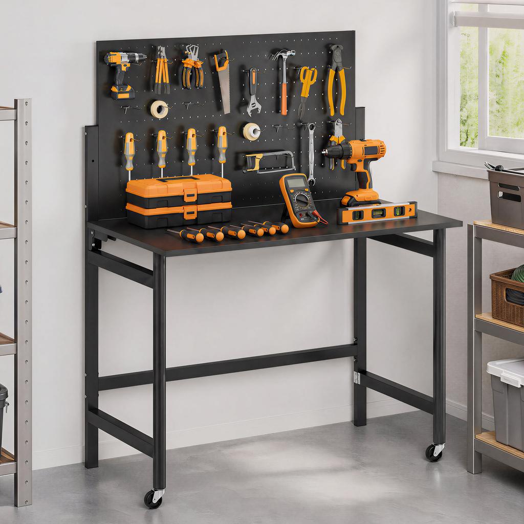 Workbench with Pegboard, Foldable Mobile Workbench with Casters, Thick Work Surface, Steel Frame, Hooks, Black