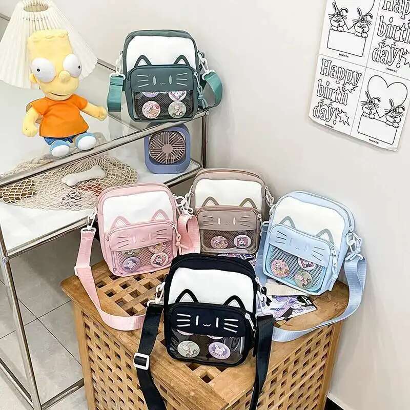 Y2K Cute Cartoon Cat Ita Crossbody Bag Mini Women Casual Shoulder Bags Kawaii Girls Transparent Pocket DIY Display Nylon Handbag