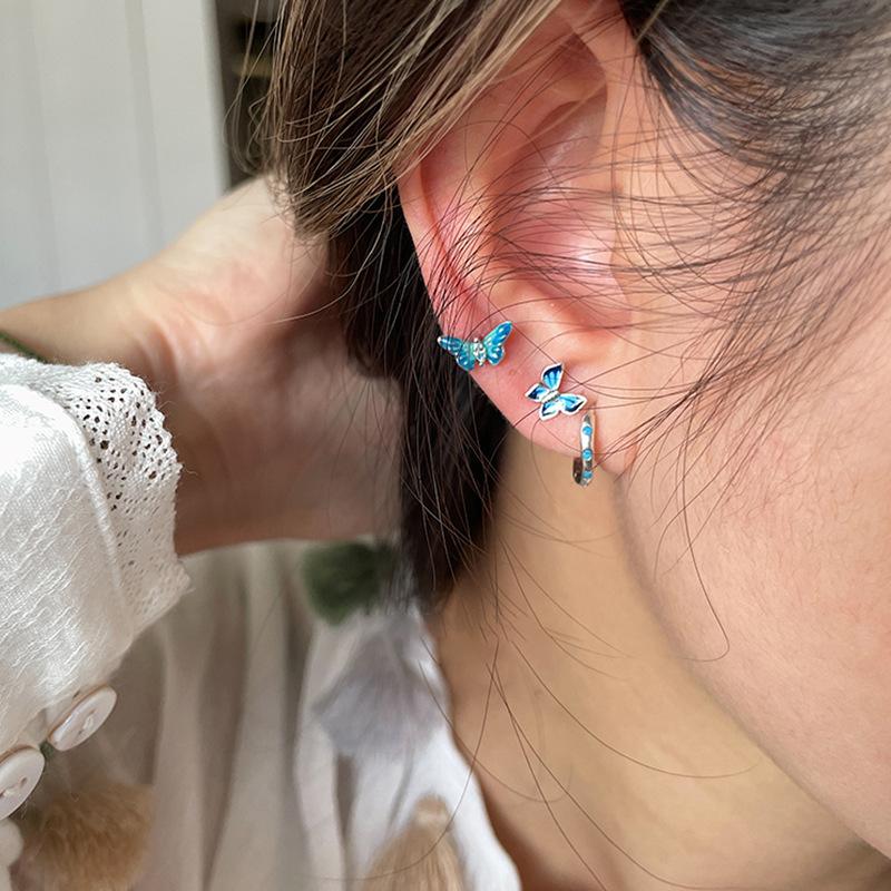 Small And Exquisite Blue Oil-Dripping Butterfly Stud Earrings Women'S Retro Elegance Niche Fashion Temperament Versatile Earrings