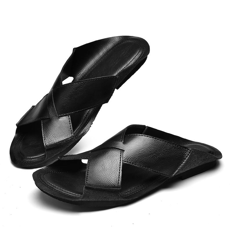 FashionGenuine Leather Mens Sandals Soft-Soled Male Summer Footwear Casual Beach Slippers Breathable Men Slides Leisure Walk Half Drag