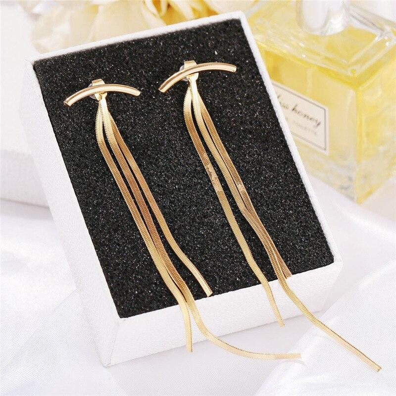 Vintage Gold Color Bar Long Thread Tassel Drop Earrings For Women Glossy Arc Geometric Korean Earring Fashion Jewelry New