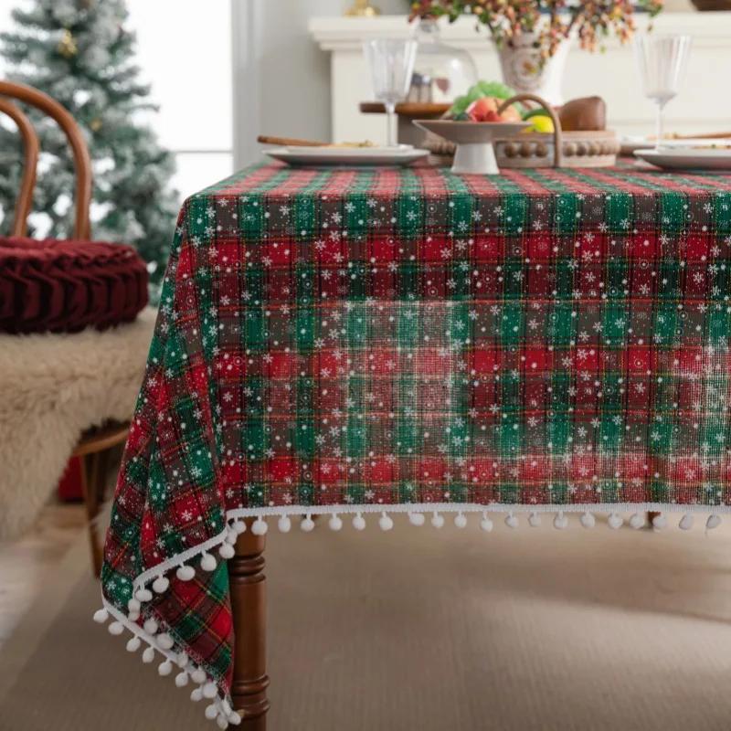 Christmas Tablecloth Green Plaid Snowflake Cotton Linen Rectangular Table Cover New Year Gifts Dining Living Room Table Decor