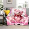 1PC Custom Name Pink Teddy Bear Love Flannel blankets Patterns Throw Blanket All-Season Soft Gift for Couch, Bed, Camping gifts