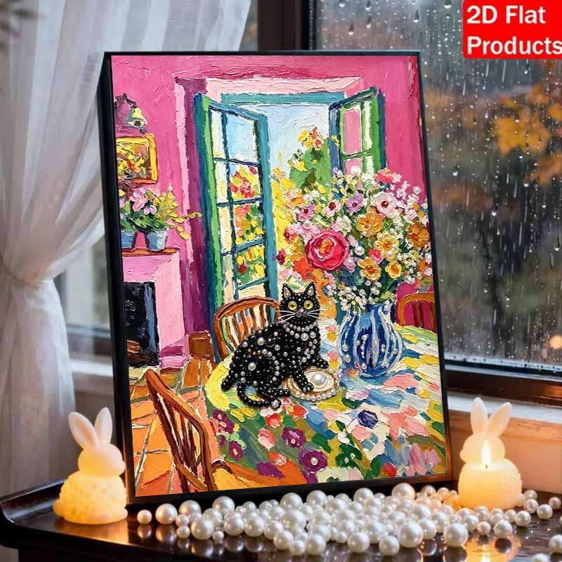 Блестящий набор для рисования жемчугом в рамке DIY с черным котом и цветочным букетом 3D-арт из бусин Холст, готовый к размещению Декор для стены дома Подарочный набор