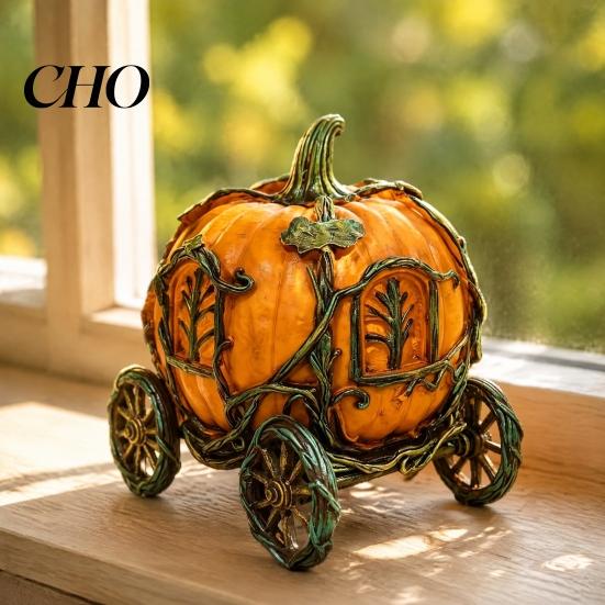 Fall Themed Room Accessories 3D Resin Pumpkin Carriage Ornament, Retro Fairy Tale Cart Dreamy Niche Gift for Her Figurine, Vintage Desktop Decoration