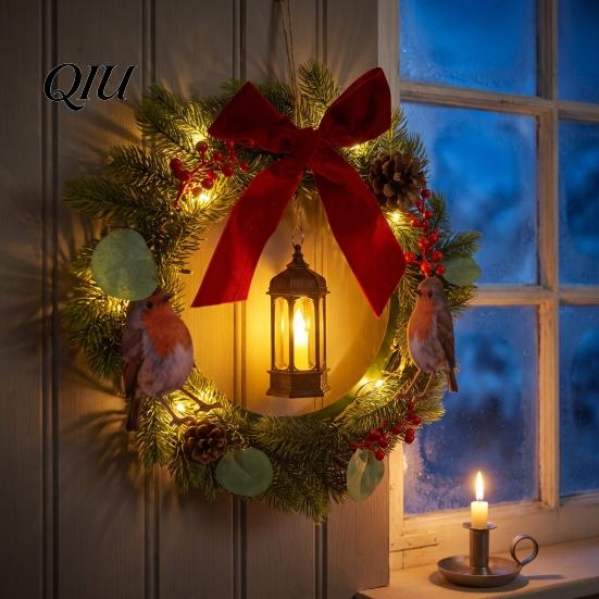 Reusable Holiday Door Hanging Lighted Bird Christmas Wreath with Lantern, Rustic Artificial Velvet Bow Garland Lanterns Berries Pine Cones for