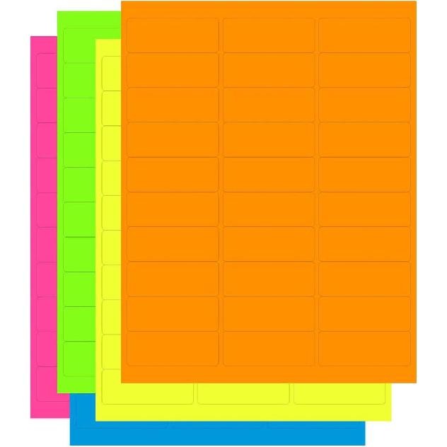 Assorted Fluorescent Address Labels | 5 Colors - Green, Orange, Blue, Yellow and Pink | 5 Sheets of Each Color | 1" x 2-5/8" - 30 Per Page, from