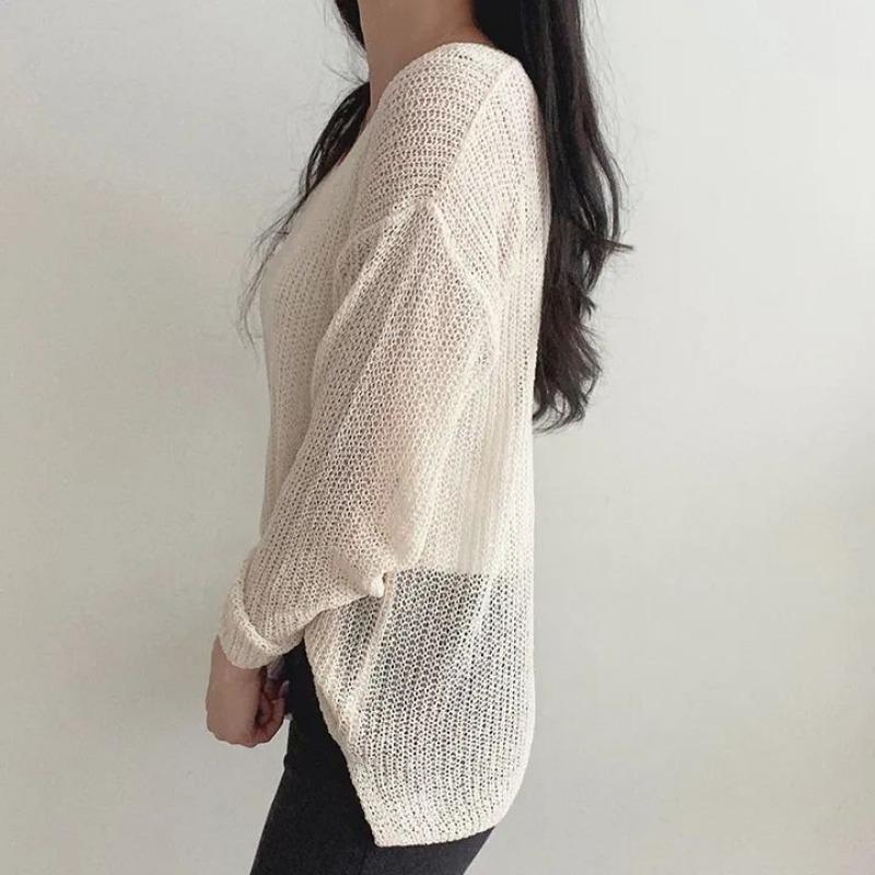 V-neck Fashion Loose Pullover Knitted Sweater Thin Sunscreen Blouse Women Long Sleeve Cover Up 2025 New Elegant Solid Knitwear Korean Solid Color Top