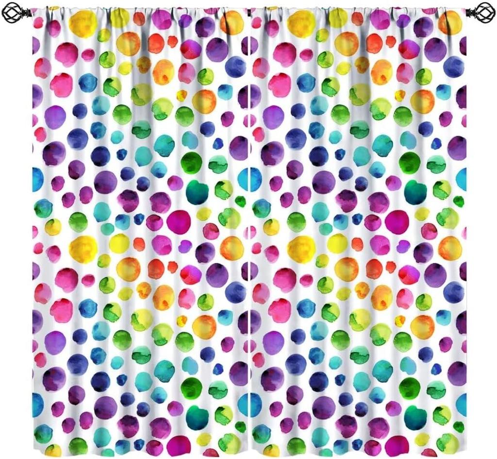 Colorful Polka Dot Curta, Kids Watercolor Rainbow Abstract Circles Geometric Pattern Window Treatments For Children Girls