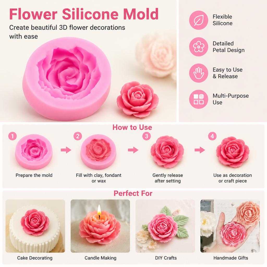 Rose Flower Silicone Mold Pink 3D Petal Texture Mould for Cake Decorating, Candle Making, Clay and DIY Crafts