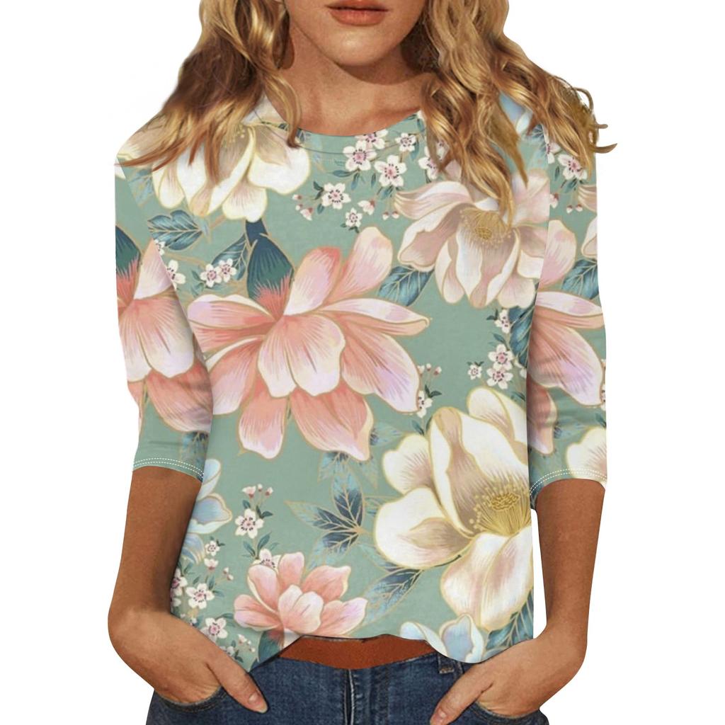 Женская мода повседневная футболка с круглым вырезом и рукавом три четверти с принтом, летняя одежда для женщин, корейская популярная одежда