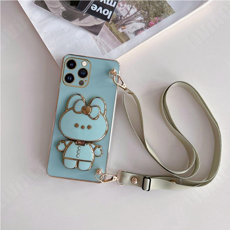 Зеркальный чехол с ремешком через плечо с кроликом для iPhone 14 11 12 13 Pro Max Mini 14pro 13mini 8 7 6 6S Plus X Xr Xs Max SE