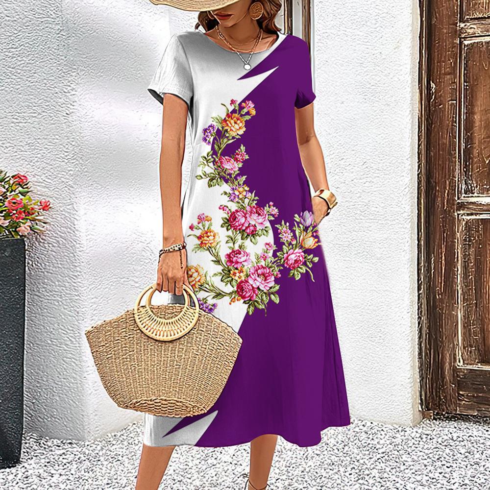 Элегантные женские платья, модные женские топы с короткими рукавами, повседневные женские свободные платья А-силуэта, пуловеры, простые цветы, одежда