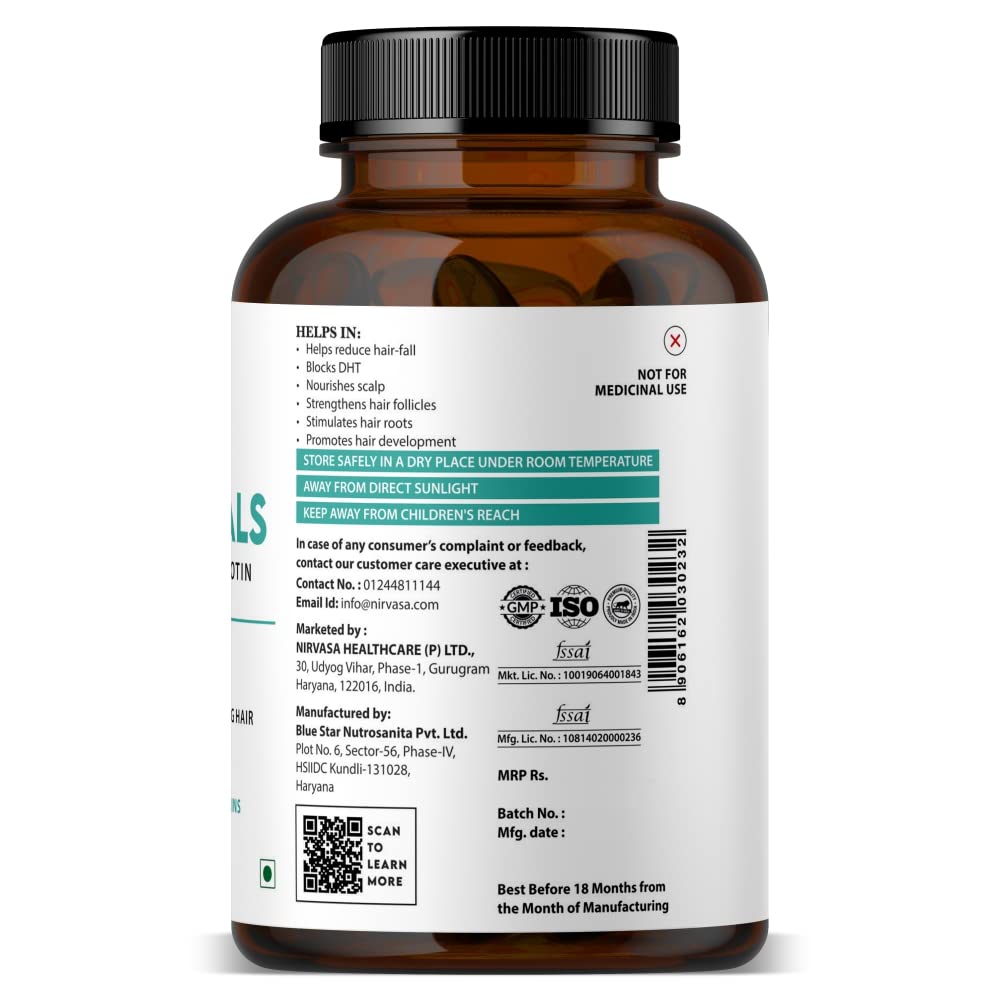 Nirvasa Hair Vitals Блокатор ДГТ с Биотином (650мг) – 60 таблеток | Поддерживает рост, силу и густоту волос | Уменьшает выпадение и ломкость волос | Wi