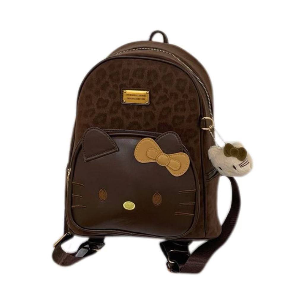 Hello Kitty Cartoon Leopard Print Pu Backpack With Padded Straps For Casual Day Use