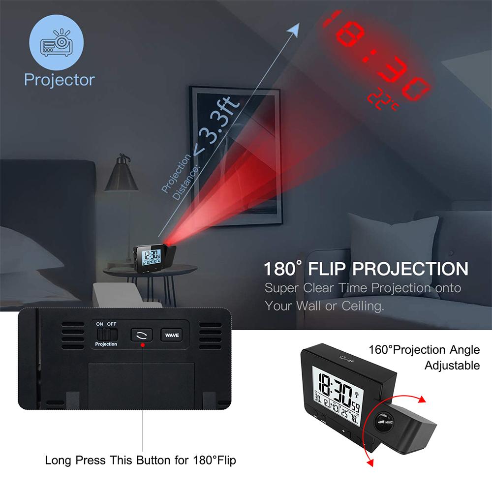Projection Alarm Clock for Bedroom with Thermometer Hygrometer Digital Project Ceiling Clock Dimmable LED Display 180°Rotable