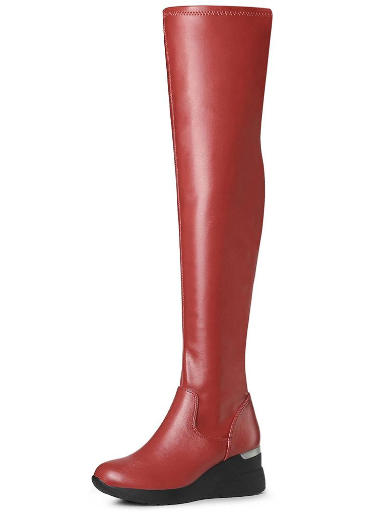 Allegra K Women's Platform Wedge Heel Knee-High Boots, Red, Size 26.5cm
