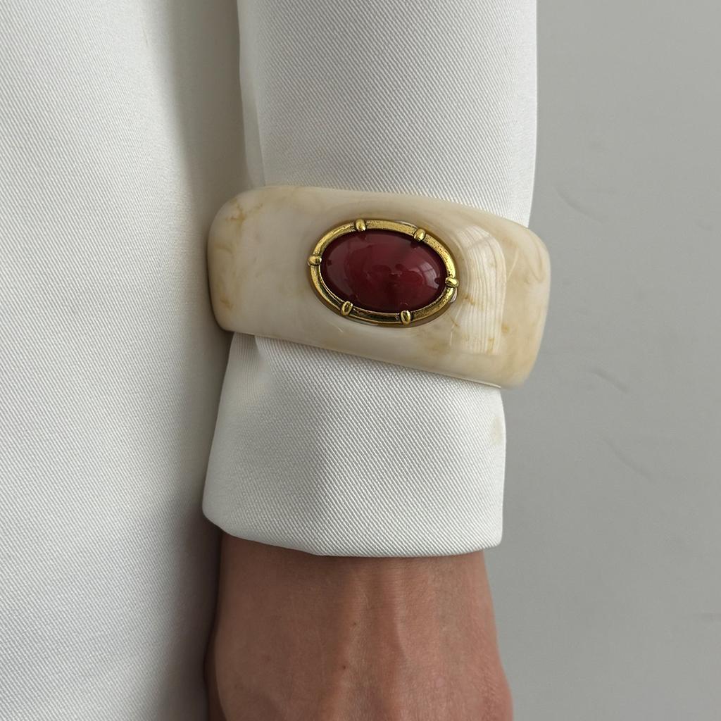 Salircon Vintage Exaggerated Inlay Red Stone Resin Acrylic Stack Bracelet Women Punk Geometric Chunky Wide Cuff Bangle Jewelry