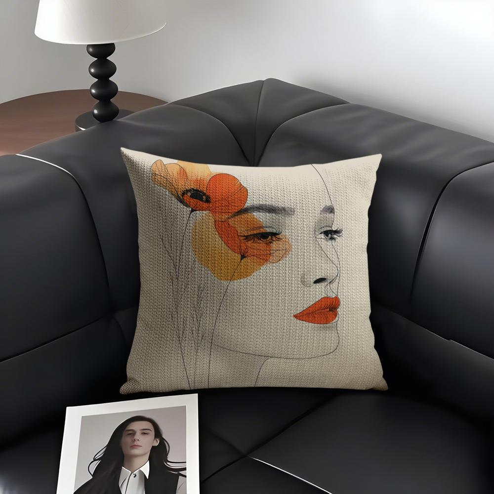 Flowers And Women Cushion Cover Natural Linen Organic Fabric DoubleSided Printing Sofa Home Decor Gift Pillow Case