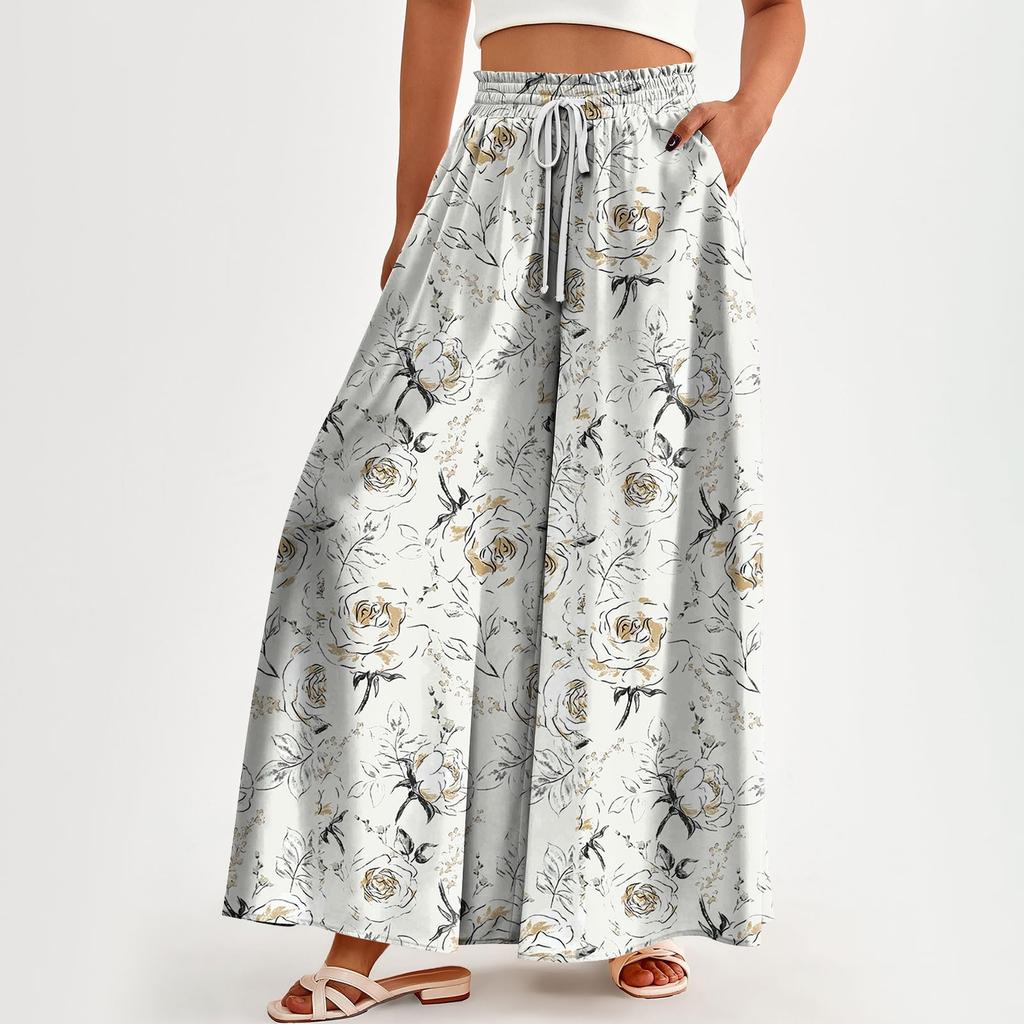 Женские брюки с высокой талией, широкие, повседневные, струящиеся брюки-палаццо, брюки с цветочным принтом и карманом