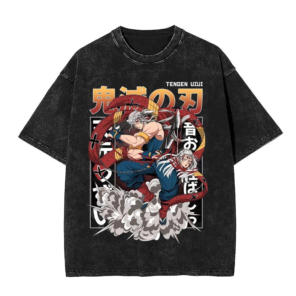 Kimetsu No Yaiba Аниме Клинок Рассекающий Демонов Футболка Тенген Узуй Манга Стиранная винтажная Футболка Мужская Уютная Повседневная Уличная Одежда Футболка