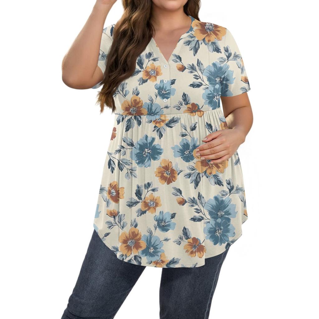 Женский принт Большой размер V-образный вырез Застегивающаяся на пуговицы блузка Повседневная с коротким рукавом Свободная блузка
