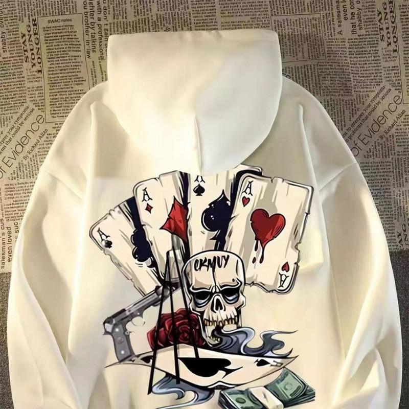 Осенний мужской пуловер худи оверсайз толстовка модный свободный принт скелета покер длинный рукав парная одежда