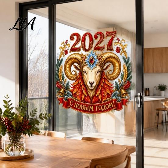 Window Decals 2027 Year Sheep Decal, Russian Happy New Static Sticker, Zodiac Reusable Surface Protectors Goat Glass Door Decor, PVC Holiday Decor for