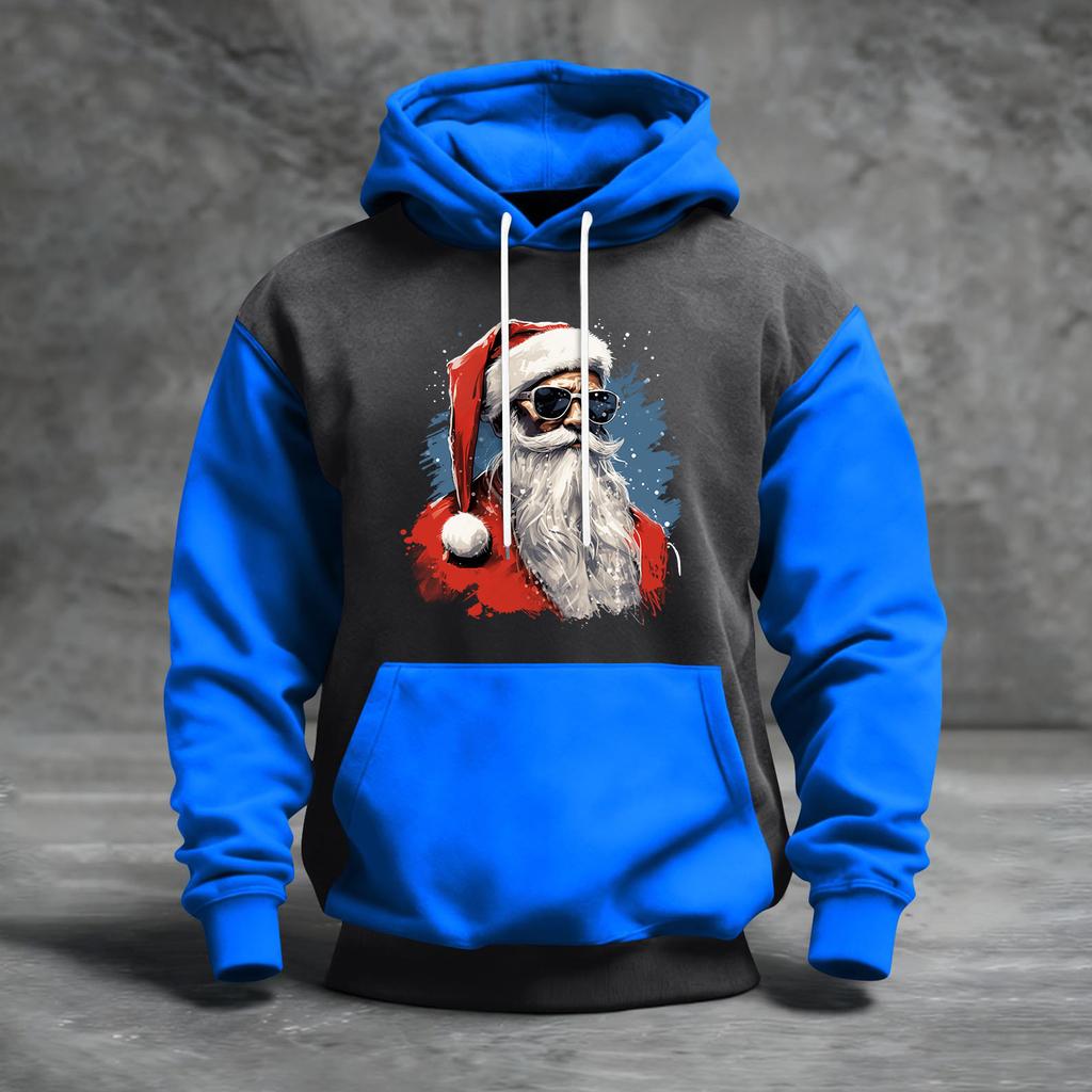 Мужской рождественский свитшот с капюшоном, повседневный, спортивный, удобный, с цветными блоками и принтом