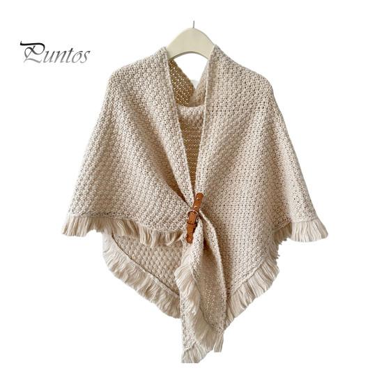 Осенне-зимняя вязаная шаль с кисточками, однотонный треугольный шарф с пуговицами, утолщенная теплая трикотажная накидка