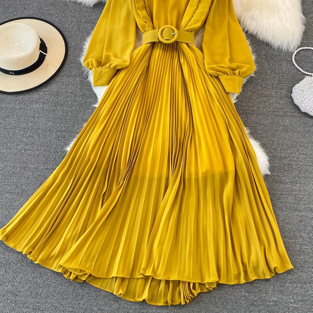Весеннее корейское шикарное легкое зрелое стильное плиссированное платье с воротником-стойкой и высокой талией на шнуровке на талии Элегантное большое свободное платье
