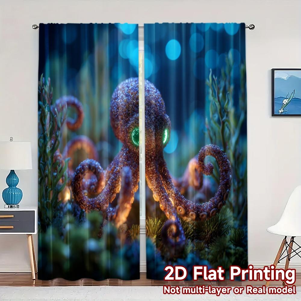 2pcs, 2D FLAT PRINTING Curtains (Without Rod) Glowing Octopus Popular Pattern Curtains Yarn Curtains Thermal Insulation, and