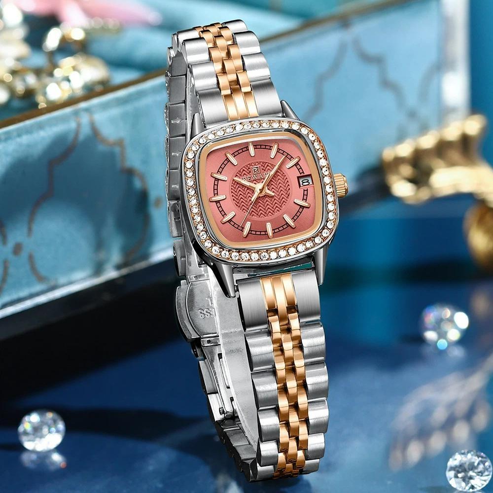 Women's Square Quartz Watch Diamond Bezel Rose Gold Silver Two Tone Stainless Steel Bracelet Calendar Ladies Wristwatch