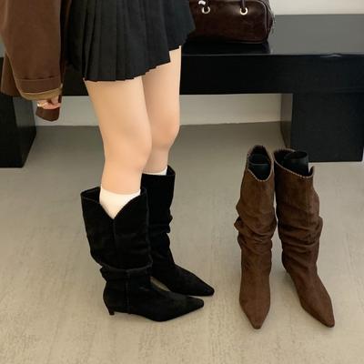 2025 осень и зима ботильоны на шпильке детские ботфорты коричневые ботинки на меху ботинки с острым носом высокие рыцарские сапоги