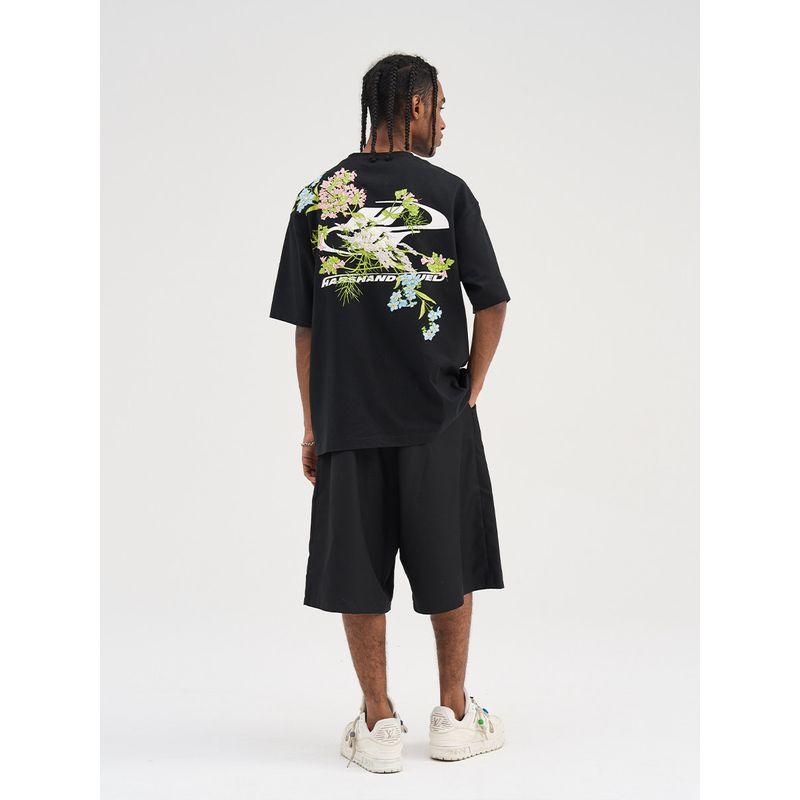 HACR's Harshandcruel New Chinese Street Florals Embroider Smoky Gray Short Sleeve T-shirt Couple