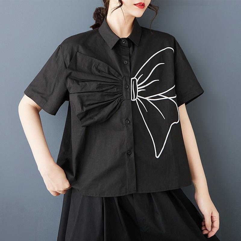 Короткие рукава свободного покроя Черные хлопковые рубашки и блузки для блузки Повседневные свободные летние топы женские рубашки на пуговицах